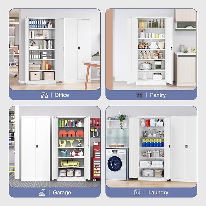 Metal Cabinet,71" Lockable Storage Cabinet with 2 Doors and 5 Adjustable Shelves,Tall Steel Cabinets for Garage,Home Office,Basement,School,Hospital(White)