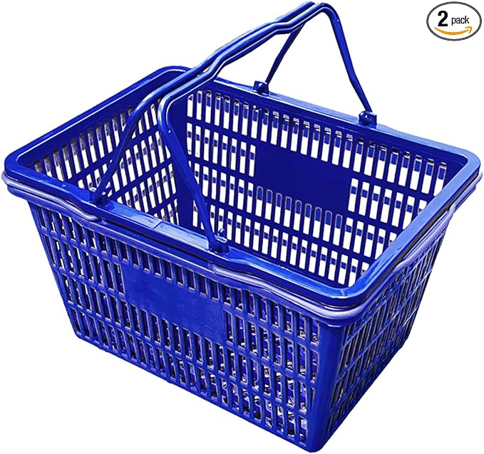 Stackable Plastic Shopping Baskets, Red and Blue, Easy-Grip Handles for Grocery, Retail, Liquor Stores, Home Use (2-pack, Blue)
