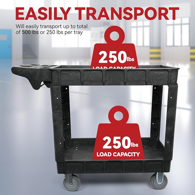 2-Shelf Rolling Utility Cart, Heavy-Duty Service and Tool Cart on Wheels, 40 x 17 Inch, 500 lb Load Capacity, Ideal for Garages, Warehouses, Church and Commercial Use