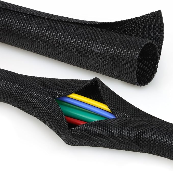 Split Braided Cable Sleeve，Flexible Wire Loom Tubing, Automotive Cord Protector Pet Proof, Cable Management for Computer TV Electric Wires Harness 16ft (Black, 13mm（1/2")