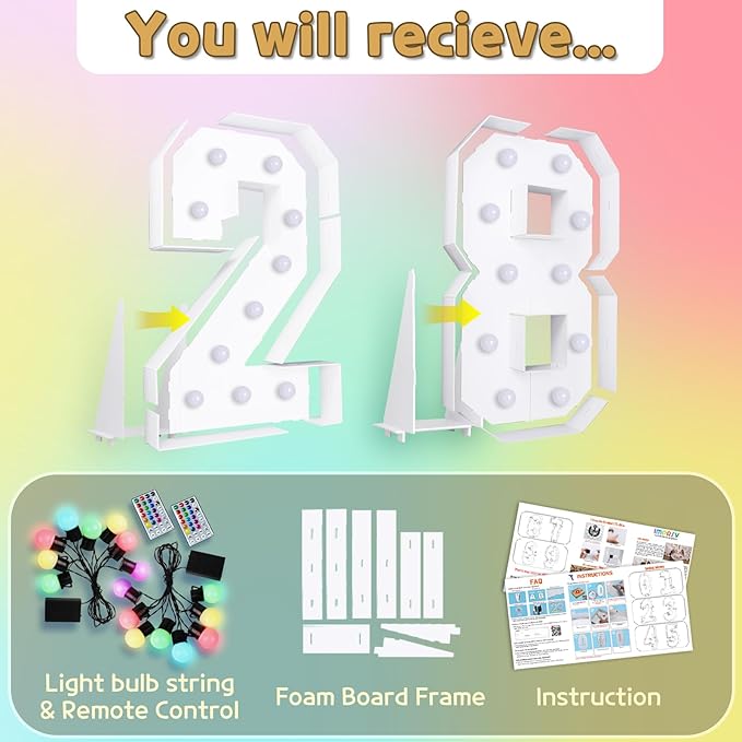 Marquee Numbers Colorful 28th Birthday Decoration: 4FT Large Light Up 28 Year Old Birthday Decorations Anniversary Backdrop Cardboard Sign 18 Colors Number 28 Mosaic Balloon Frame