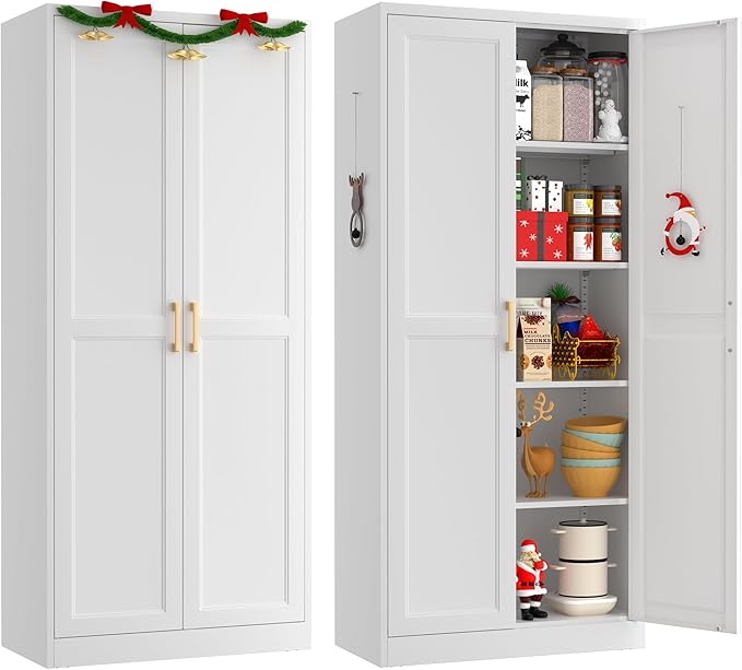 White Kitchen Pantry Cabinet, 71 Inch Tall Metal Storage Cabinet with Doors and Shelves, Pantry Cabinets for Kitchen Storage, Freestanding Cupboard for Living, Dining Room, Assemble Required