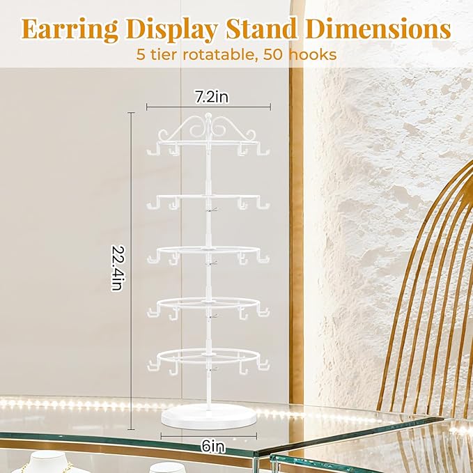 EsLuker.ly Earring Holder Organizer Rotating Display Tree Stand, Adjustable Height Earring Card Hanger Rack with 50 Hooks for Vendors Market Selling, 5 Tier Metal Jewelry Storage Tower, White