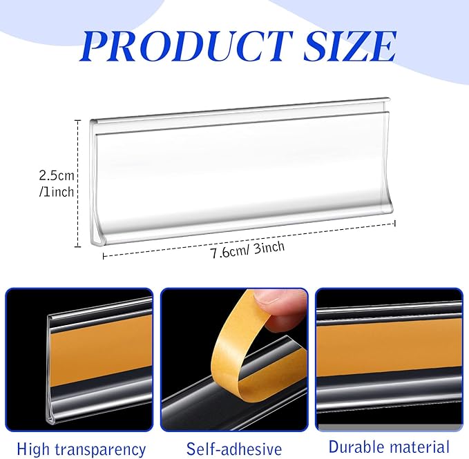 Yexiya 300 Pieces 3 x 1 Inch Label Holder Self Adhesive Clear Plastic Shelf Tag Sticking Price Label Holders with Paper Inserts Bulk for Supermarket School Library Bookshelves Mailbox Storage Bins