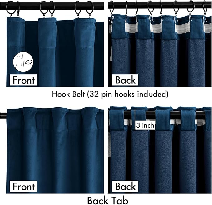 MIULEE Velvet Curtains 84 Inches Long 2 Panels Set for Bedroom, Pinch Pleat Back Tab Luxury Thermal Insulated Living Room Darkening Drapes Pleated Blackout Window Curtains with Hooks, Navy Blue