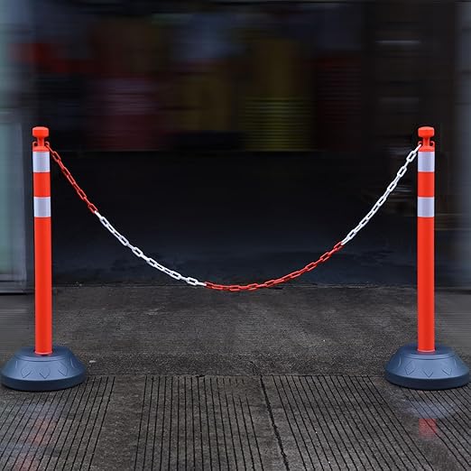 6 Pack 40" inch Work Zone Chain Post Set, Traffic Delineator Post Cones with Reflective Tapes, 6 x 6.6' Feet Plastic Chains, Portable Crowd Control Stanchion Set (Red-Water Filled Base)