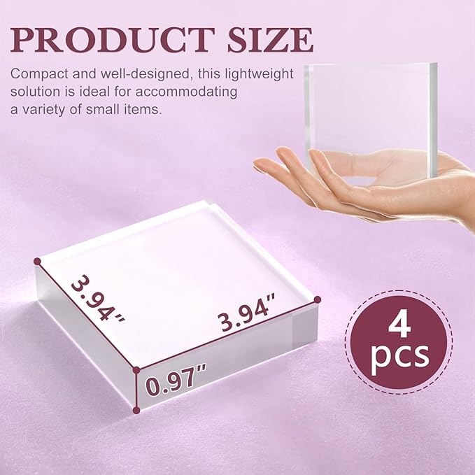 Acrylic Base Stand 4 Pieces Acrylic Blocks for Display 4 X 4 X 1 Inch Clear Polished Block Square Cube Riser Display Pedestal Stands for Jewelry Perfume Ring Collection Props Cake