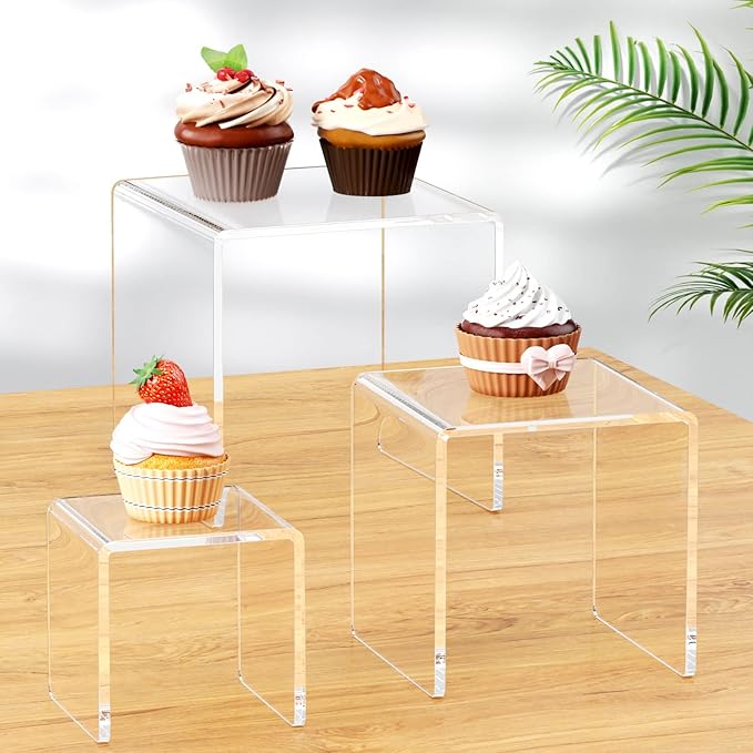 NIUBEE 2Set Acrylic Risers Display for Funko POP Figures,Clear Cake Stands for Candy Dessert Table Decorations-5"x6"x7"