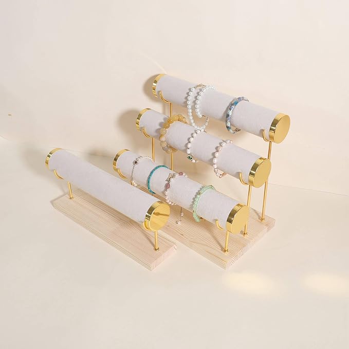 GemeShou Velvet Bangle storage oragenizer for selling, Beige bracelet storage rack for boutique store, Velvet wrap watch holder with wooden base for women girls【Bracelet holder-three tiers】