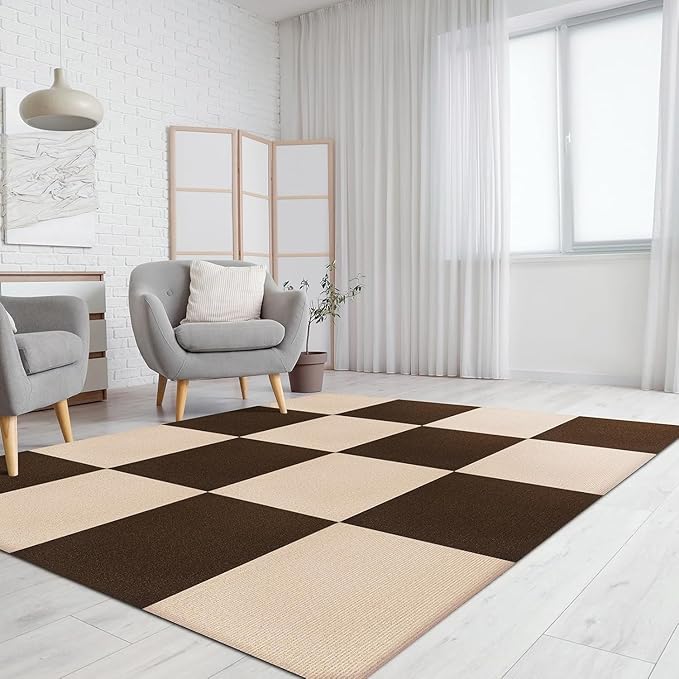 Carpet Tiles Peel and Stick 24” x 24”, Self Adhesive Soft Padded Flooring Stickers, Khaki Home Decor for Bedroom Living Room Office, 10 Tiles & 40 sq ft per Box