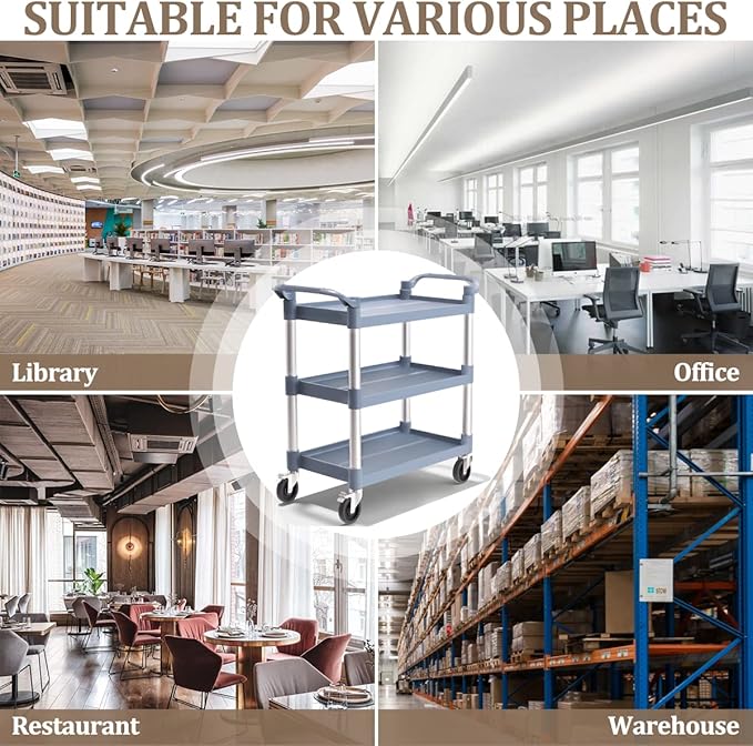 Plastic Utility Carts with Wheels, 3-Tier Medium Size Restaurant Food Cart, Heavy Duty 510lbs Capacity Rolling Service Cart w/Hammer for Commercial, Kitchen, Office (Lockable Wheels, M-Grey)