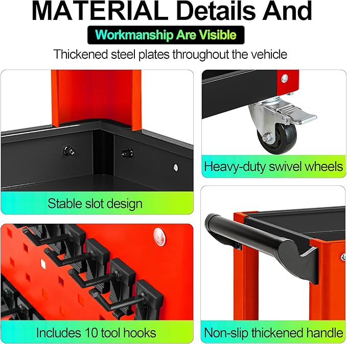 Heavy Duty 3 Tier Rolling Tool Cart, Mechanic Storage Organizer with Pegboard & Hooks, Lockable Wheels Utility Cart for Garage, Auto Repair Shop, Workshop, Warehouse（Red & Black）