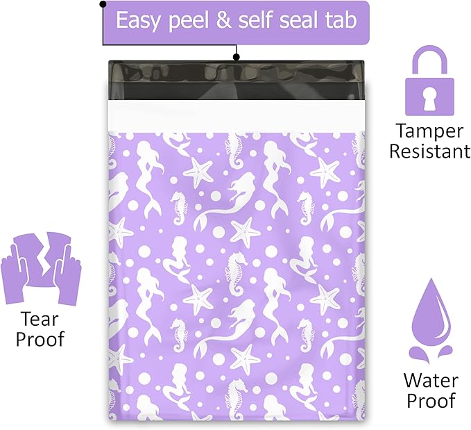 12x15 (50) Purple Mermaids Designer Poly Mailers Waterproof Self Sealing Tear Resistant Polymailers Shipping Envelopes Premium Printed Bags For Small Businesses