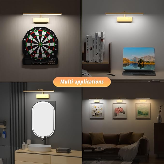 Lightbiz Picture Light 2 Pcs, 15.35inch 5400mAh Rechargeable Picture Lights for Wall Battery Operated Wall Lights with Remote, 3 Colors Paintings Light Dimmable Art Light for Artwork, Gallery (Gold)