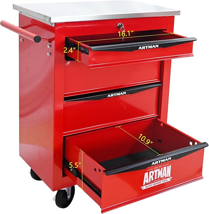 4 Drawer Rolling Tool Chest with Locker, 22.2" D Metal Movable Lockable Tool Cart Box Multi-Functional Hardware Storage Cabinet Box for Warehouse Basement Home Pantry Garage