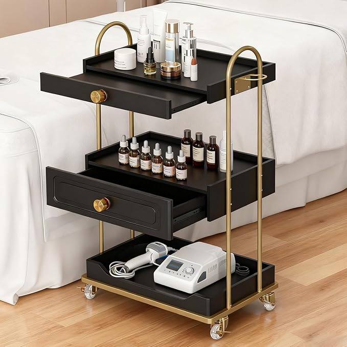 Barber Salon Trolley Cart w/Lockable Wheels, 3-Tier Rolling Beauty Cart with 2 Drawers & Dryer Holder, Mobile Beauty Trolley for Beauty Spa Barbershop(Black)