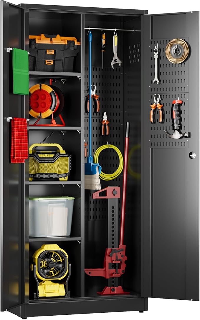 31.53 in Wide Garage Storage Cabinet, Metal Storage Cabinet with Pegboards and 4 Adjustable Shelves, Garage Storage System with Lockable Door for Offices, Gyms and Pantries, Black