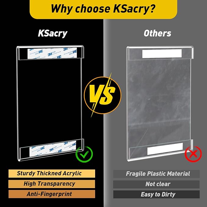 KSacry 12 Pcs Acrylic Sign Holder 8.5 x 11, Vertical Wall Mount Sign Holders with 3M Adhesive, Clear Plastic Frames Paper Display Sign Holders for Office, Home, Store, Restaurant - No Drilling