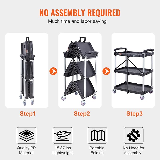 VEVOR Foldable Utility Service Cart, 165LBS 3 Shelf Heavy Duty Plastic Rolling Cart with 360° Swivel Wheels (2 with Brakes), Ergonomic Handle, Portable Garage Tool Cart for Warehouse Office Home