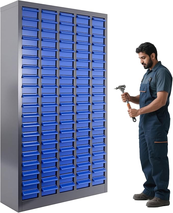 100 Drawers Nut and Bolt Organizer, 26x9x46 Stainless Steel Parts Cabinet with Shelfs & Labels Bolt Organizer for Workshop Tool & Hardware Storage and Organization (100 Drawers)