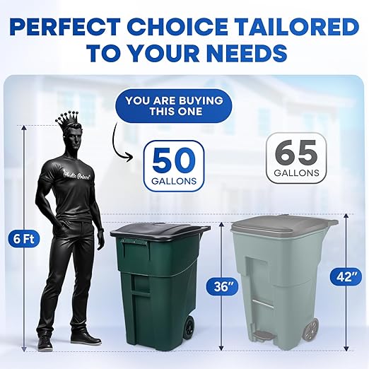 50-Gallon Rollout Trash Can with Lid, Commercial Heavy-Duty Container with Wheels, Green