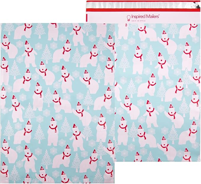 Inspired Mailers - Large Poly Mailers 14.5 x 19-50 Pack - Polar Bears (Blue) - Holiday Shipping Bags - Large Mailing Envelopes - Christmas Shipping Envelopes