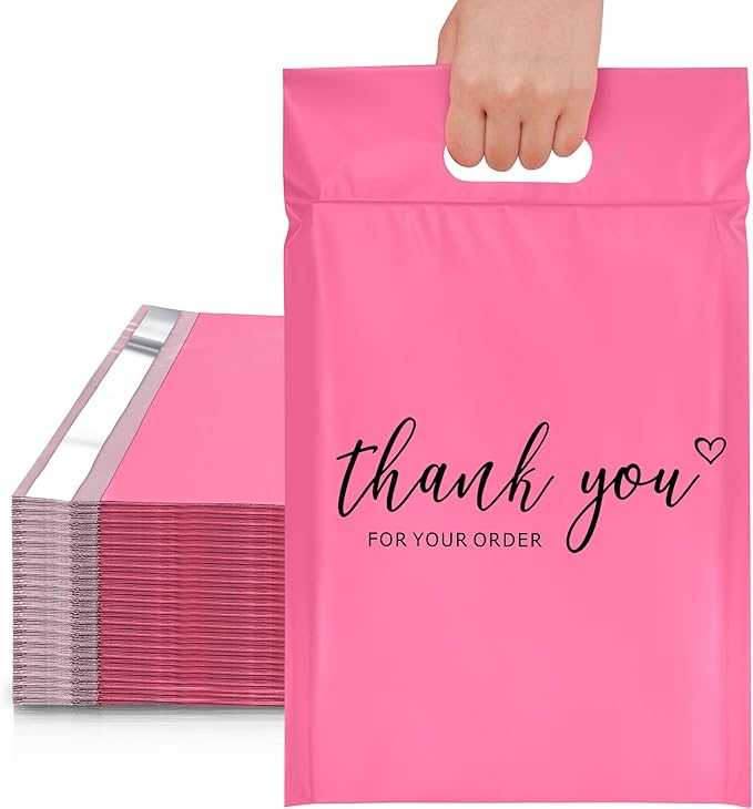 JinRuiKJ Poly Mailers with Handle 12x15.5 Inch 50 Pcs, Easy to Carry Packaging Bags for Small Business, Thank You Shipping Bags with Self Adhesive Strip, Tearproof and Waterproof - Pink