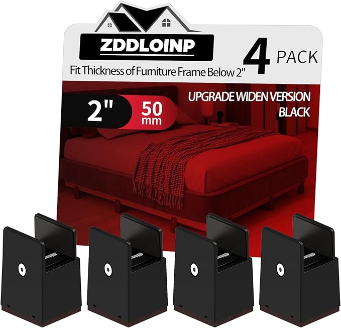 4Pack Bed Risers with Adjustable Screw Clamp, Fit Thickness of Furniture Frame from 0 to 2 Inch, Elevation in Heights 2" Heavy Duty Risers for Lifting Couch Desk Table Cabinet Nightstand, Black