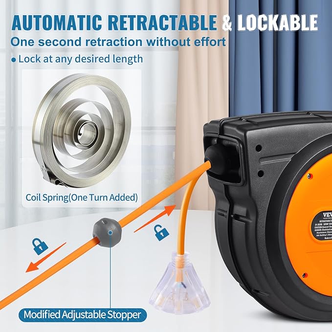 VEVOR Retractable Extension Cord Reel, 80 FT, Heavy Duty 12AWG/3C SJTOW Retractable Power Cord with Lighted Triple Tap Outlet, 15 Amp Circuit Breaker 180° Swivel Bracket for Ceiling or Wall Mount