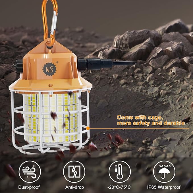 NS 60W Led Temporary Work Light 8700LM Construction Jobsite Lights 5000K Daylight White Portable Linkable Hanging Work Lights for Outdoor Indoor Garage Shop High Bay Warehouse Lighting