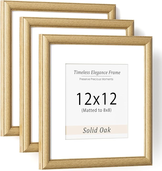 Natural Oak 12x12 Picture Frames Mat to 8x8 Picture Display Set of 3,Original Wood Handcrafted 12x12 Poster Frame with Tempered Glass Graduation Family Wedding Certificate Photo Wall Mounted