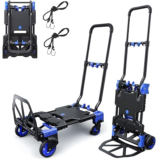 2 in 1 Folding Hand Truck,330lbs Capacity Heavy Duty Hand Truck,with Telescoping Handle and Rubber Wheels,Portable Dolly Cart with Bungee Cords for Moving,Travel,Shopping