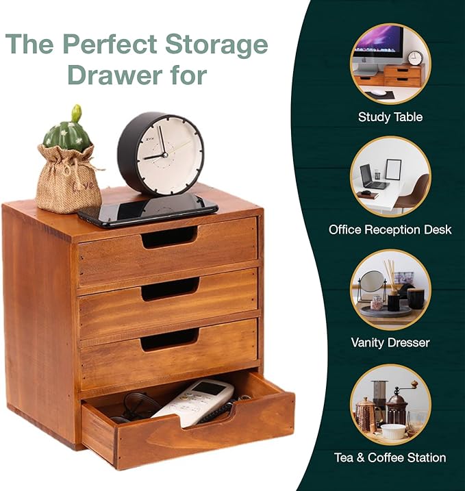 4-piece Drawer Cabinet Bundle Set - Modern Mahogany Wood Stackable Units - Multi-level Drawer Desktop Storage Organizers (4-Pack)