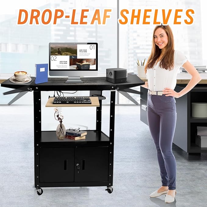 Large Steel AV Cart With Locking Cabinet and Pullout Keyboard Tray, Adjustable-Height Rolling Media Cart With Wheels & Power (54"x18"x43")