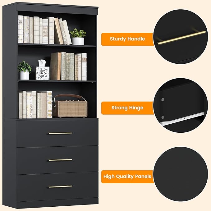 Winkalon 71" Tall Black Bookshelf with Drawers, Bookcase and Bookshelf with 3-Tier Open Shelves, Tall Bookcase Tall Storage Cabinet for Home Office Living Room, 15.8" D x 31.5" W x 71" H