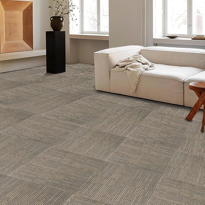 Heavy Duty Commercial Carpet Tiles 24" x 24", 18 Pcs/72 sq ft (FlexLok tabs Included),Non-Slip Soft Square Carpet Floor Tile for Office Bedroom Living Room Kitchen Garage Gym (Khaki)