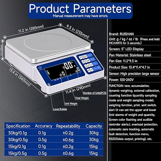 Counting Scale 30kg/66lb x 0.5g Digital Bench Scale for Parts and Coins kg/g/lb/oz Electronic Gram Scale Large Range Lab Industrial Inventory Piece Counting Balance Scales