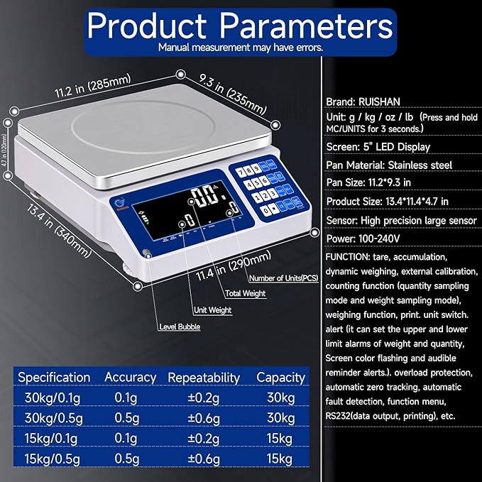 Counting Scale 15kg/33lb x 0.5g Digital Bench Scale for Parts and Coins kg/g/lb/oz Electronic Gram Scale Large Range Lab Industrial Inventory Piece Counting Balance Scales