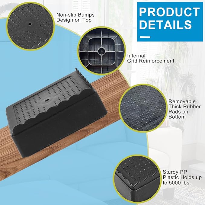 Bed Risers 1 inch, 2 inch, 3 inch, 4 inch Heavy Duty, Adjustable Furniture Riser for Table Desk Couch Sofa Chair Recliner Leg Frame Dorm, Stackable Bed Raisers Blocks (Black 8 Pack, 1 inch)
