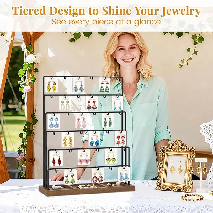 EsLuker.ly Earring Card Display Stand for Vendors Events Selling, Earring Holder Rack Metal 6 Tier 36 Hooks with Wooden Base, Large Capacity Showcase Your Jewelry at Any Event, Black