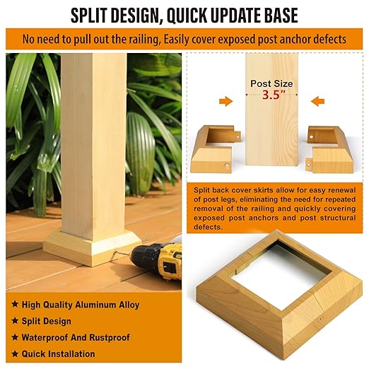 4 pcs 4"x4" (Actual: 3.5"x3.5") Aluminum Deck Post Base Cover, for Deck railings, Stairs, Patios, Porches Split Deck Post Skirt (Burlywood)