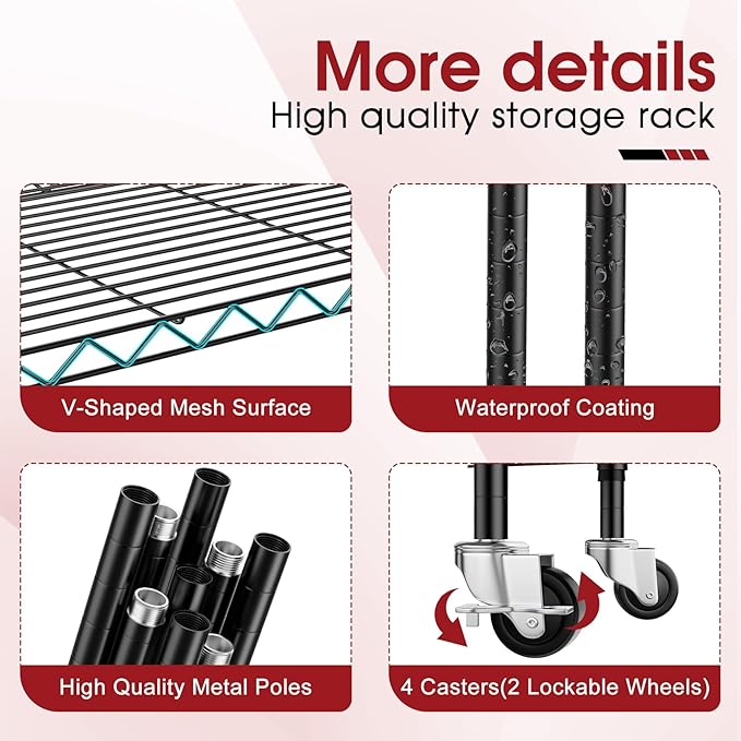 2 PACK 750 lbs Capacity Heavy Duty Garage Wire Rack Shelving, Adjustable 6-Shelf Metal Shelving with Wheels, 14"D x 24"W x 71"H Space-Saving Rolling Storage Shelves for Closet, Kitchen & Garage, Black