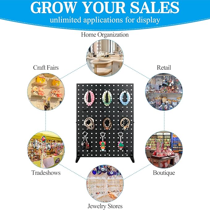 Metal Pegboard Display Stand with 15 Peg Hooks, Tabletop Pegboard Shelf for Craft Shows & Fairs, Retail Stores, Vendors Arts and Crafts Finishing - 17x13 Inch & Black