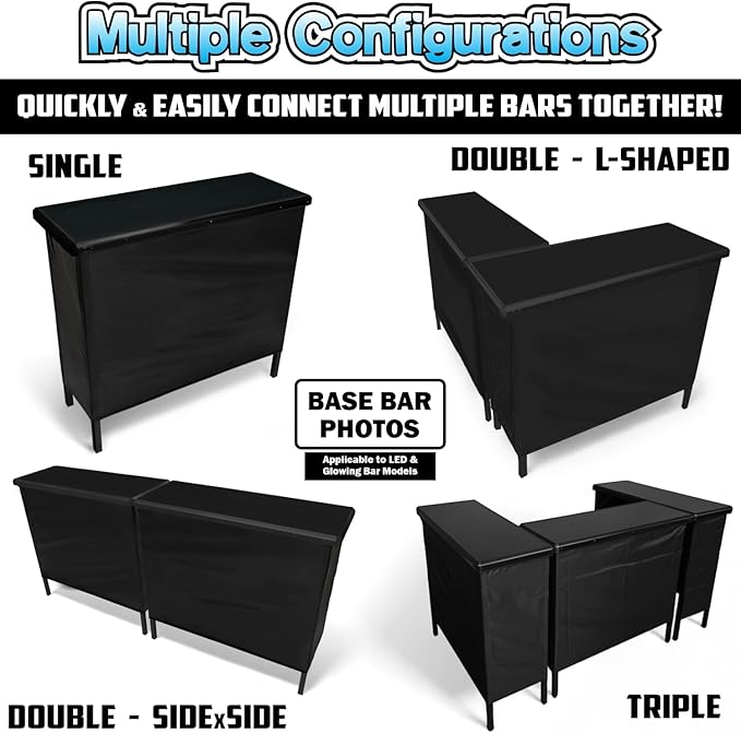 Commercial Grade Glowing Premium Portable Bar Table w/Mobile App, Wireless Remote, Bluetooth Connectivity, Folding Legs, Black Fabric Bar Skirt, 2 Storage Shelves & 2 Carrying Cases - Black Skirt