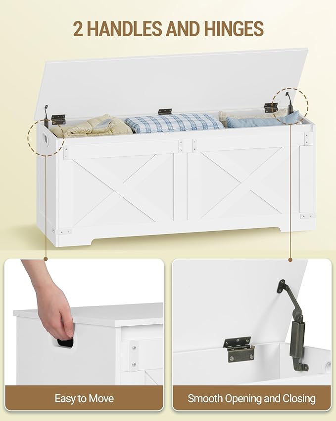 47.2" Storage Chest, Large Storage Trunk with 2 Hinges, Farmhouse Wooden Box Bench, Lift-Top Organizer Chest, Entryway Trunk for Bedroom, Living Room, White SB12103X