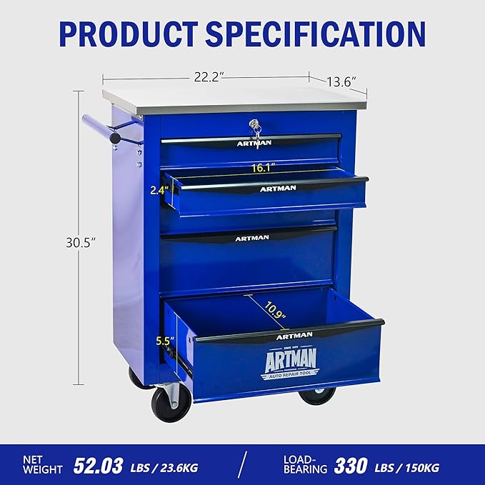 5 Drawers Tool Cart on Wheels with Stainless Steel Worktop, Heavy Duty Mobile Rolling Drawer Tool Chest with Locking Wheels & Lockable Drawers, Garage Tool Storage Cabinet (Blue, 5 Drawers)