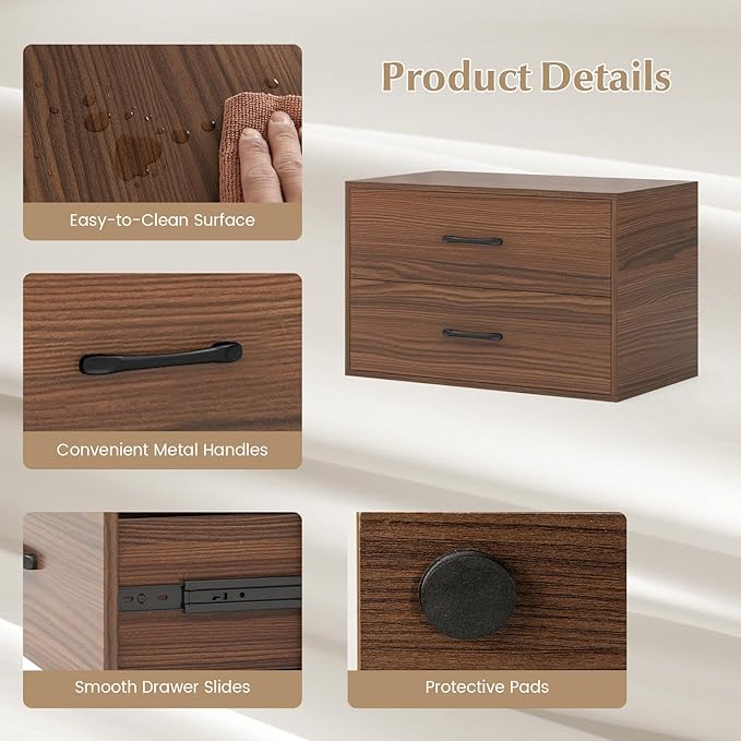 GOFLAME Stackable 2-Drawer Dresser Set of 2, Wood Horizontal Storage Organizer with Metal Handle & Smooth Sliders, Lateral File Cabinet with Anti-tilt Kit for Bedroom Office, Walnut