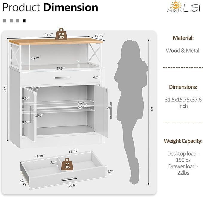 SUNLEI Farmhouse Buffet Sideboard with 2 Doors and 1 Drawer, Open Storage & Adjustable Shelf, Coffee Bar Cabinet for Kitchen/Laundry/Living Room, White