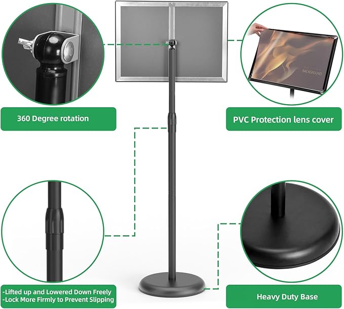 GUOHONG 2 Pack Heavy Duty Sign Stand Adjustable 8.5 x 11 Inch Sign Holder Aluminum Snap Open Frame Floor Poster Stand Vertical Horizontal