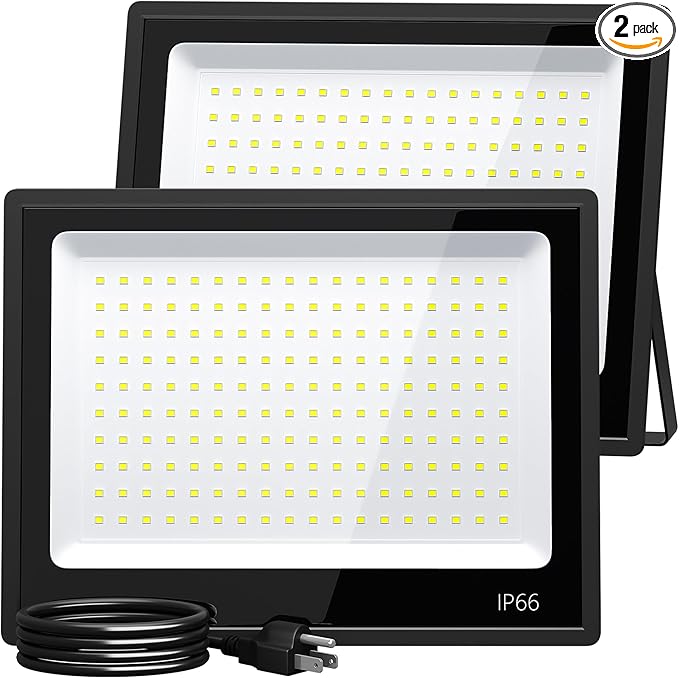 XXBSAZ 2 Pack 150W LED Flood Lights Outdoor, 18,000LM Plug-in Hardwire Work Light IP66 Waterproof - 6500K Daylight Bright for Yard, Garage, Stadium